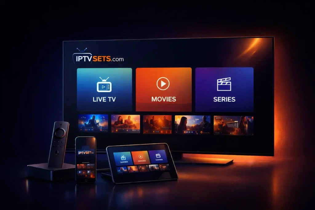 IPTV services 2026 guide with live streaming TV interface and IPTV devices